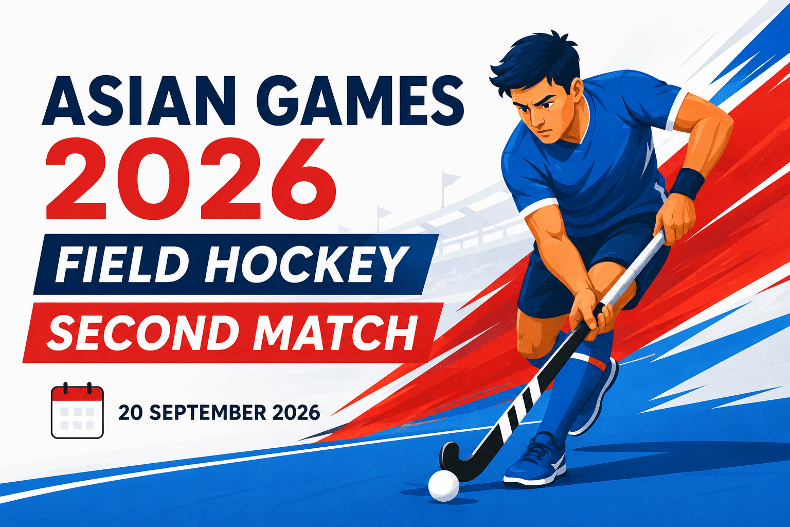 Asian Games 2026 field hockey second match feature image showing an animated hockey player with match date 20 September 2026 and hockey tournament graphics