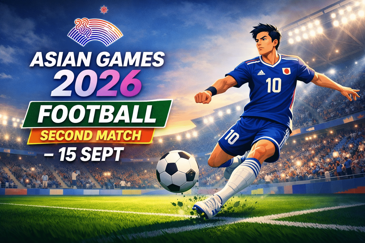 Asian Games 2026 Football Second Match promotional image featuring a football player kicking the ball in a packed stadium on 15 September 2026.