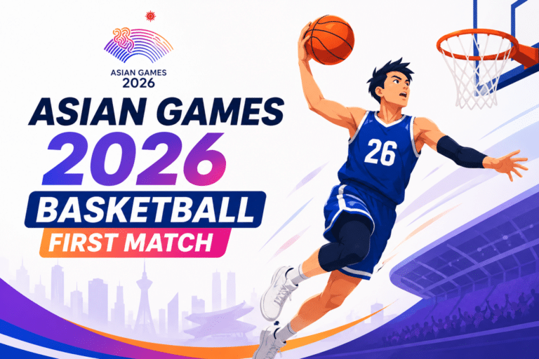 Animated basketball player dunking during the Asian Games 2026 Basketball First Match with colorful sports arena background and modern tournament design.