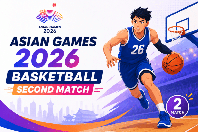 Animated basketball player dribbling during the Asian Games 2026 Basketball Second Match with modern arena background and colorful sports graphics.