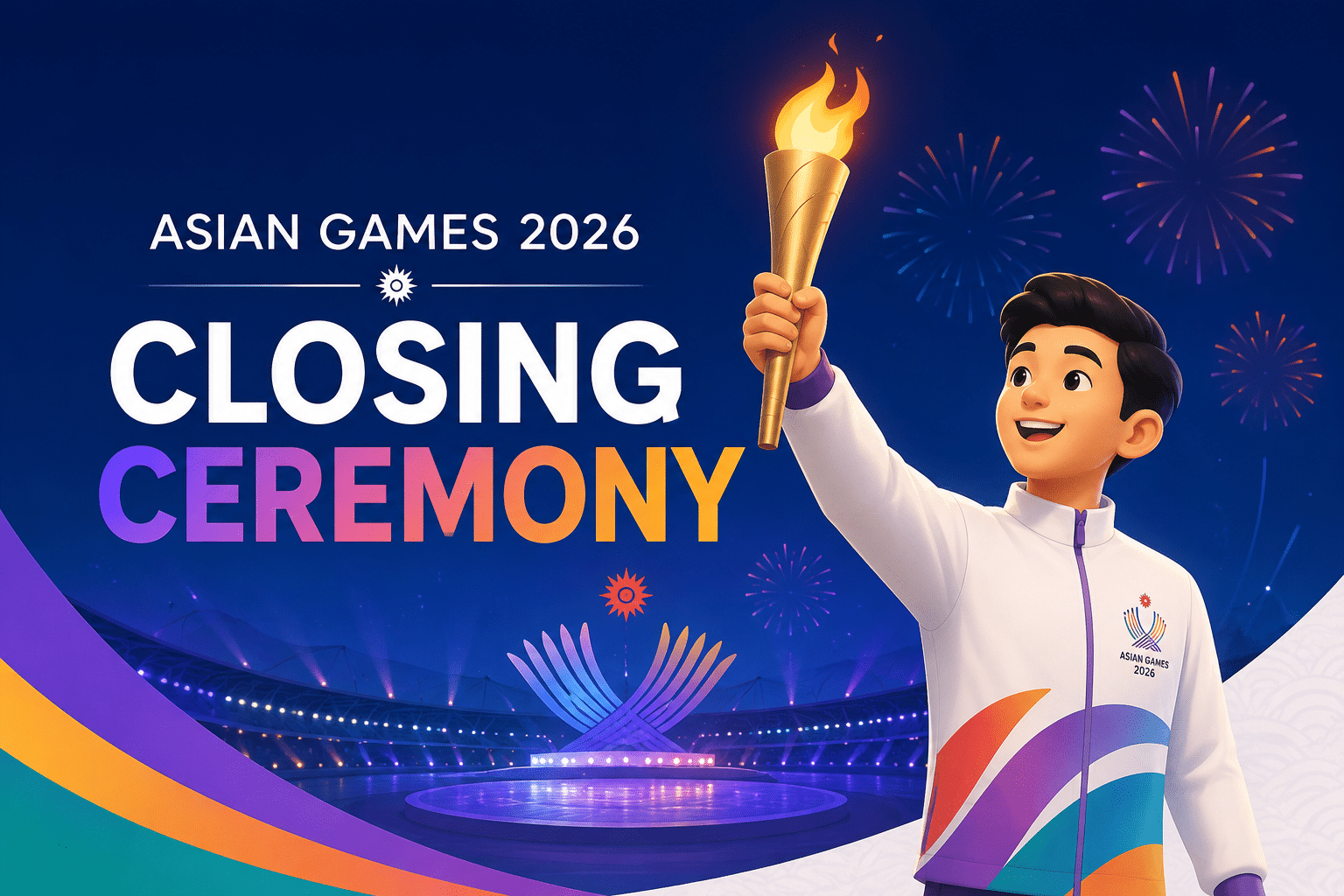 Animated Asian Games 2026 Closing Ceremony feature image with fireworks, stadium lights, and a smiling athlete holding the ceremonial torch.