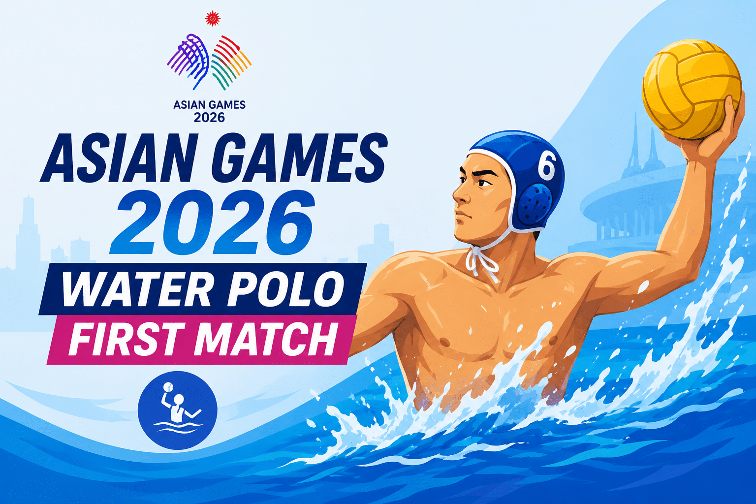 Animated water polo player in a swimming pool during the Asian Games 2026 first match with dynamic sports action, stadium background, and championship atmosphere.