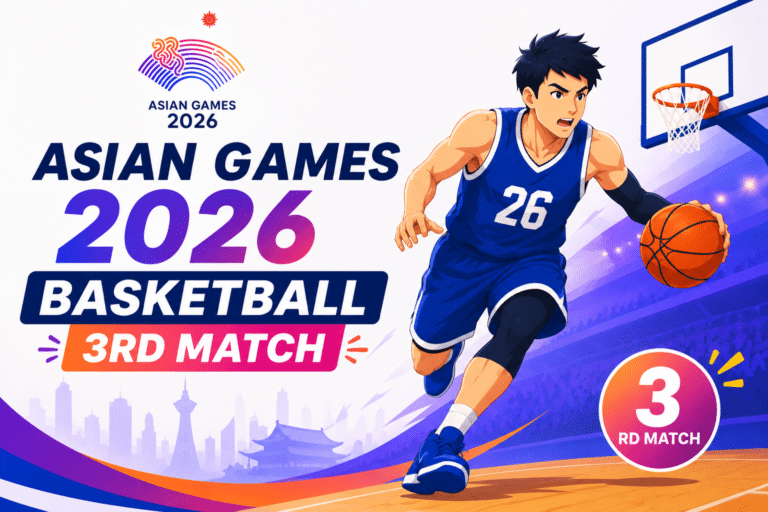 Animated basketball player running with the ball during the Asian Games 2026 Basketball 3rd Match inside a modern sports arena.