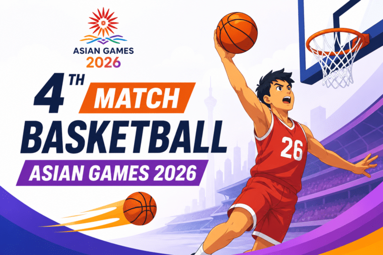 Animated basketball player in Asian Games 2026 4th match feature image with stadium lights, basketball court, and energetic sports background.