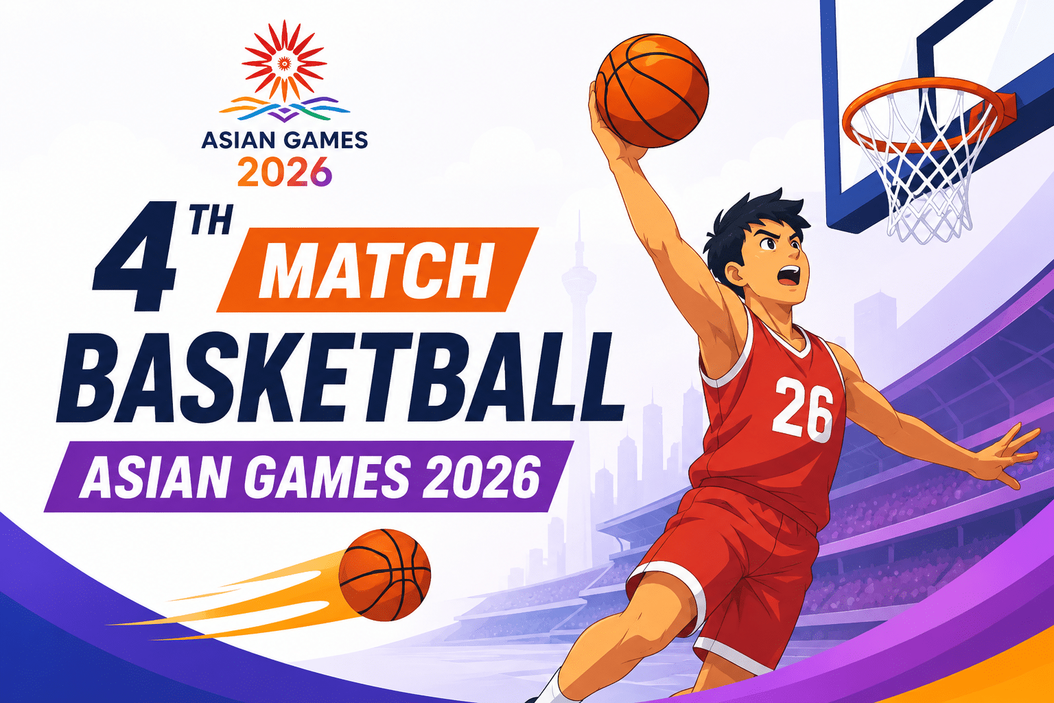 Animated basketball player in Asian Games 2026 4th match feature image with stadium lights, basketball court, and energetic sports background.