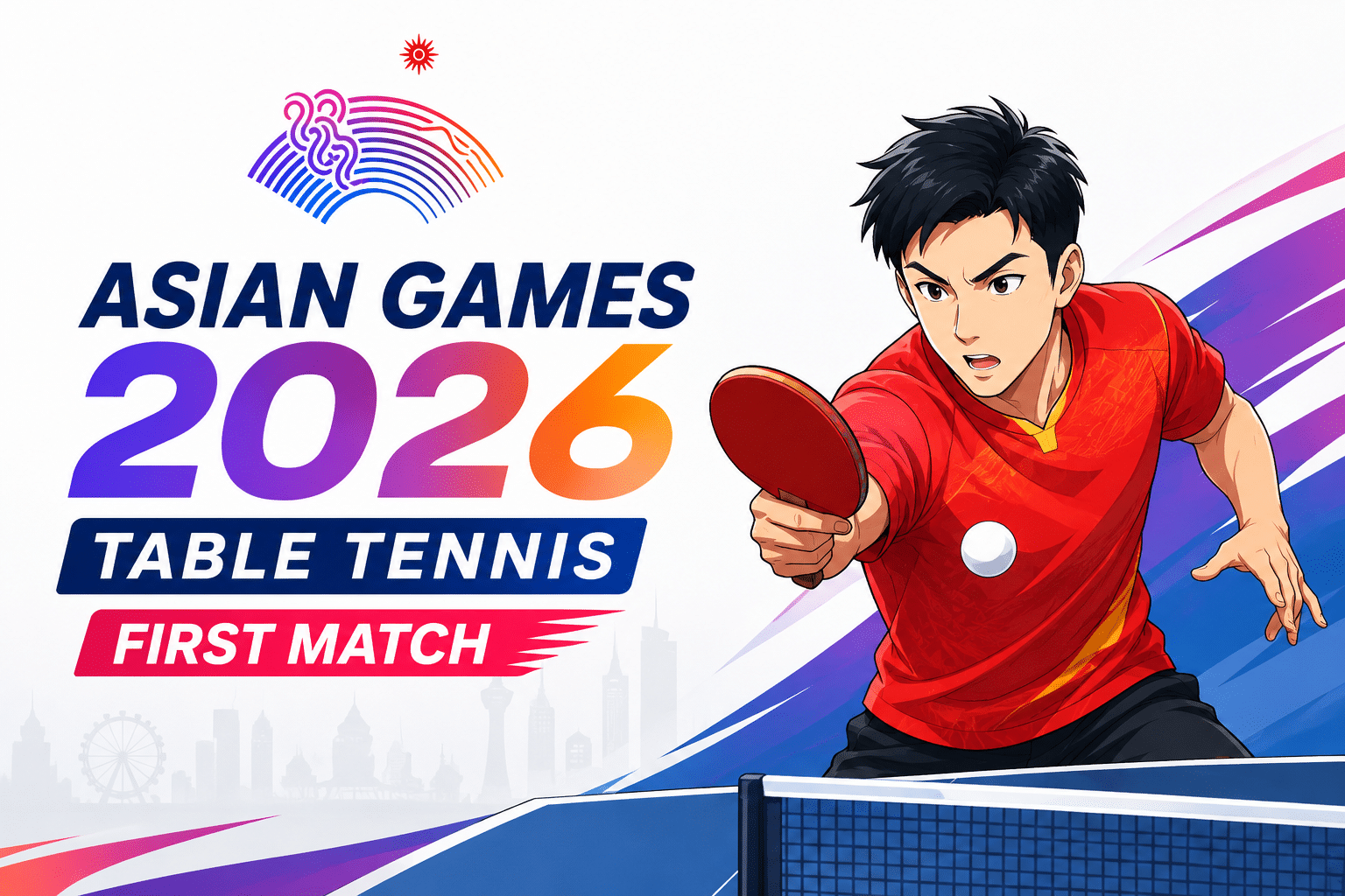 Asian Games 2026 Table Tennis First Match feature image showing an animated table tennis player holding a paddle during an intense opening match scene.