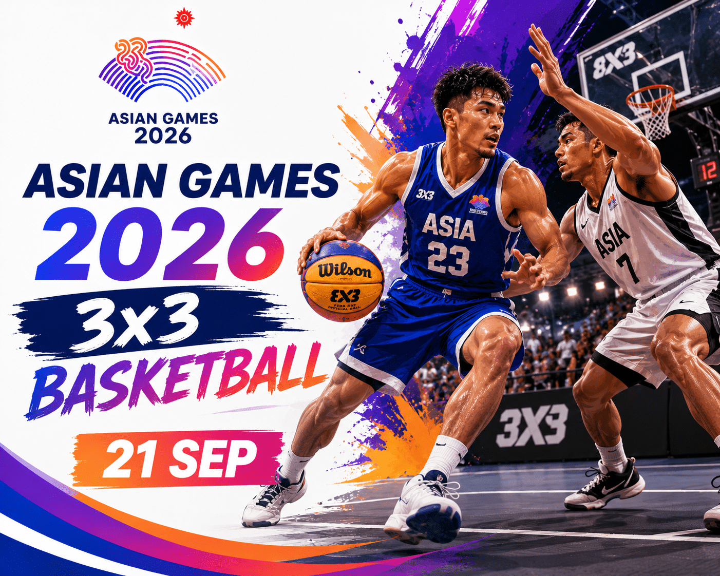 Asian Games 2026 3x3 Basketball poster featuring two players competing in a fast-paced outdoor-style basketball match on 21 September.