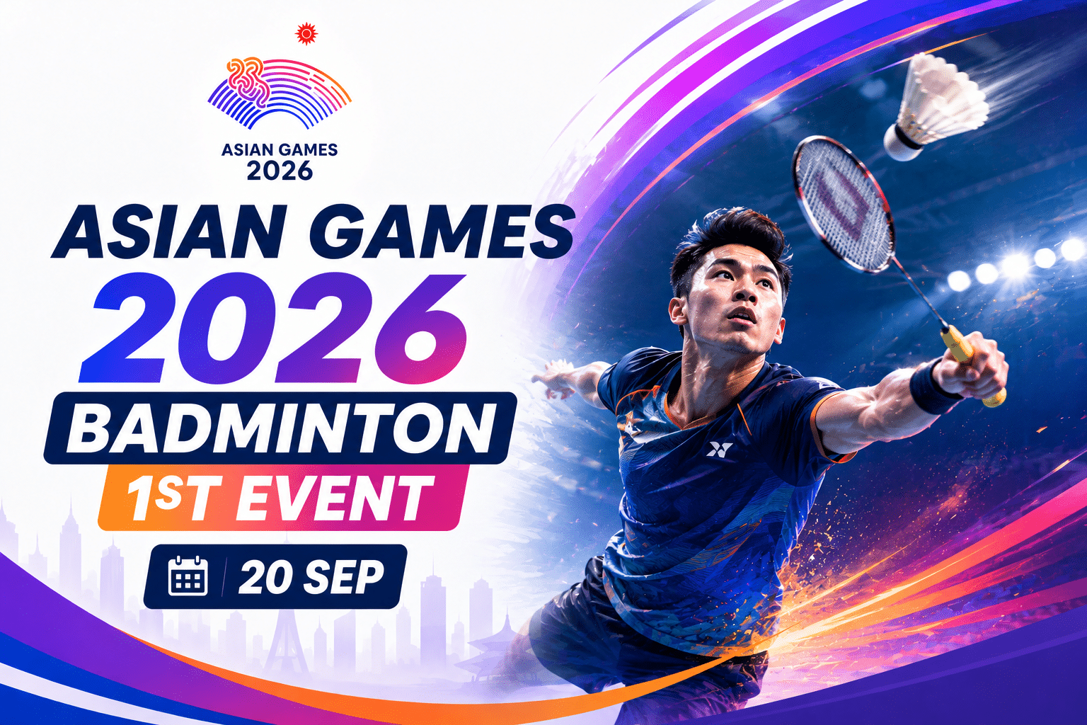 Asian Games 2026 Badminton 1st Event poster featuring a badminton player in action with a racket and shuttlecock on 20 September.