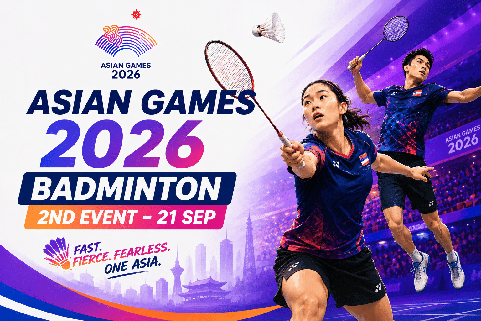 Asian Games 2026 Badminton 2nd Event poster featuring badminton players in action on 21 September.