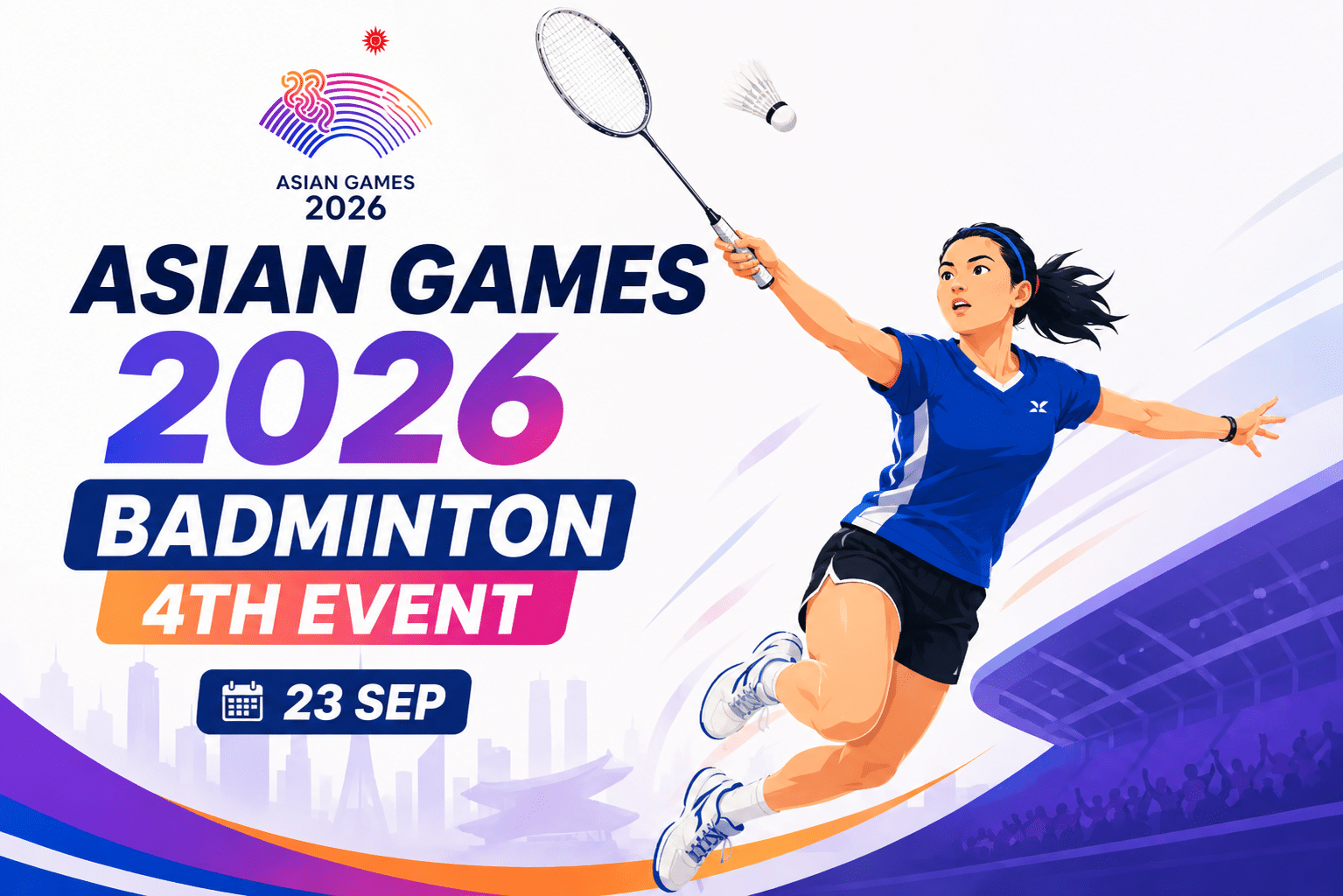 Asian Games 2026 Badminton 4th Event poster featuring a badminton player in action with a shuttlecock, racket, and the event date of 23 September.