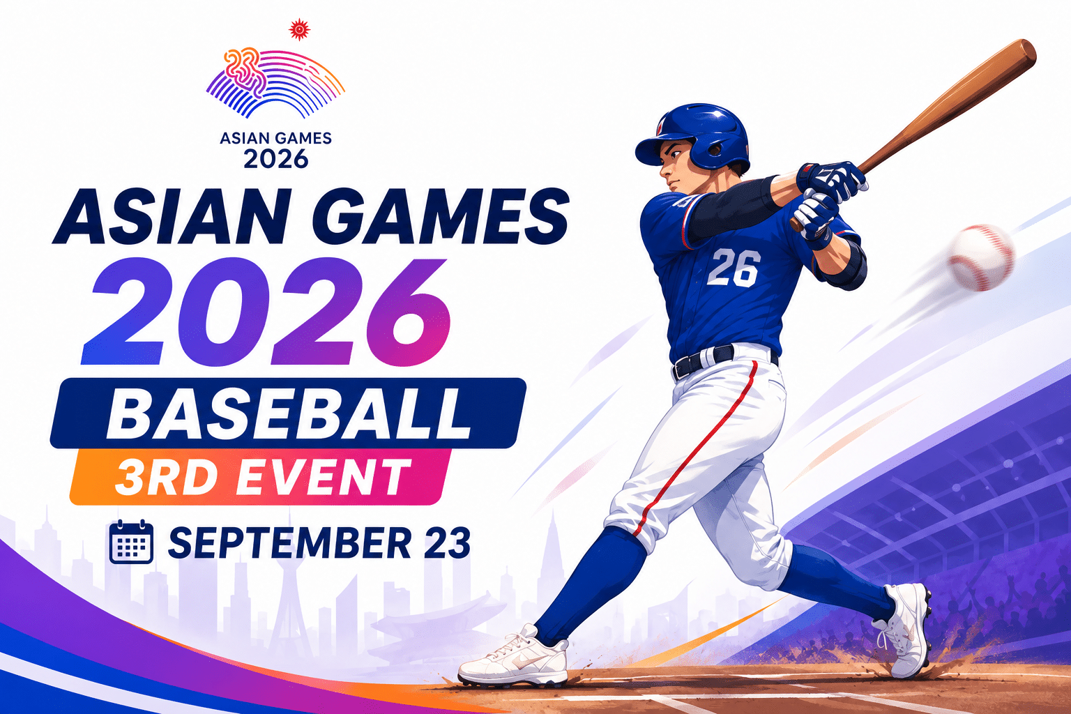 Illustrated Asian Games 2026 Baseball 3rd Event poster featuring a baseball player swinging a bat in a packed stadium, with bold event branding and the date September 23.
