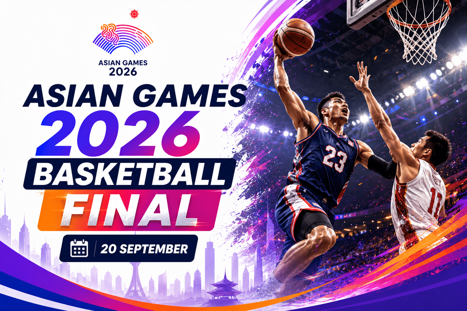 Asian Games 2026 Basketball Final poster featuring two basketball players in action near the hoop on 20 September.