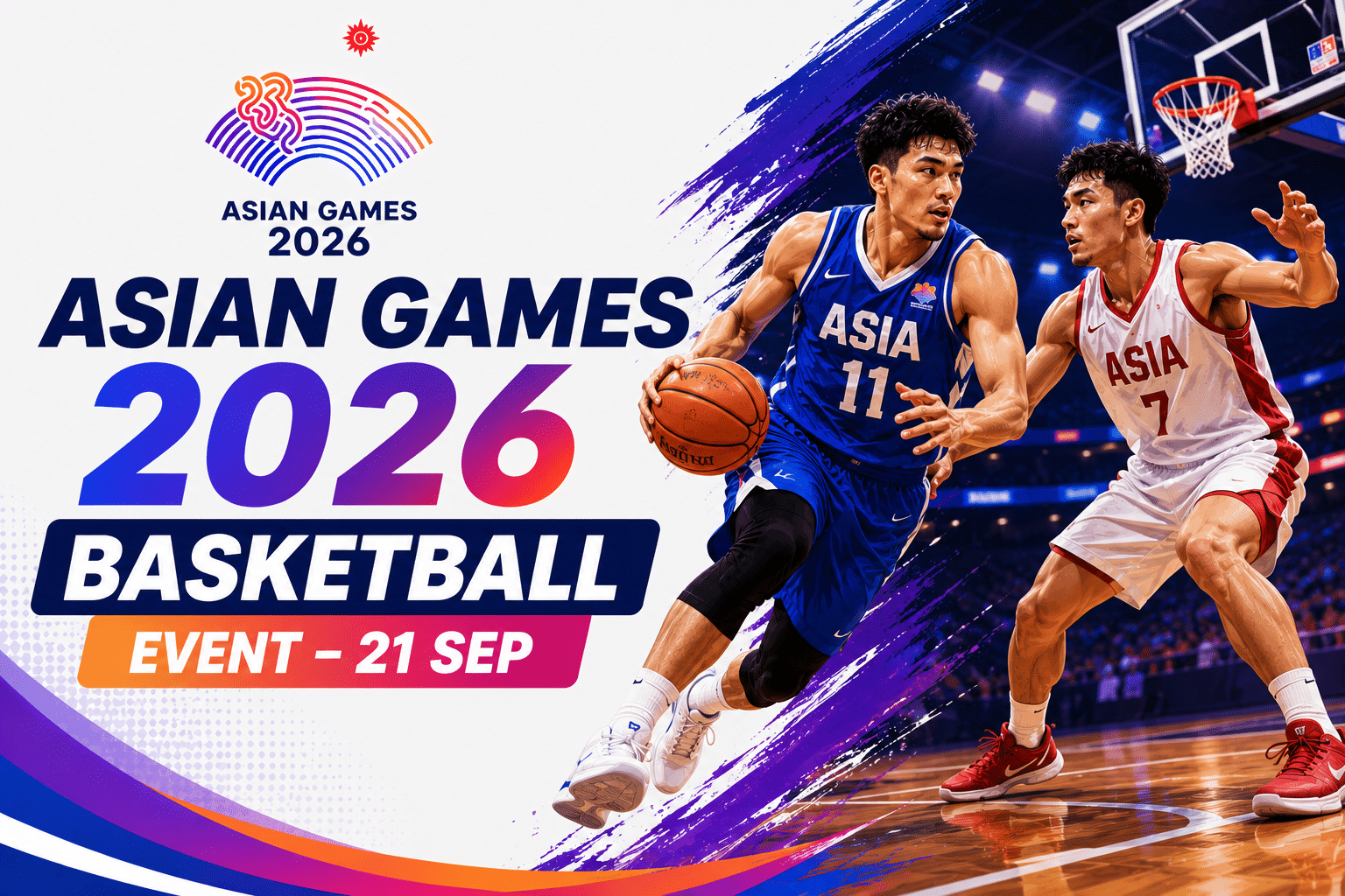 Asian Games 2026 Basketball Event poster featuring two basketball players competing on the court on 21 September.