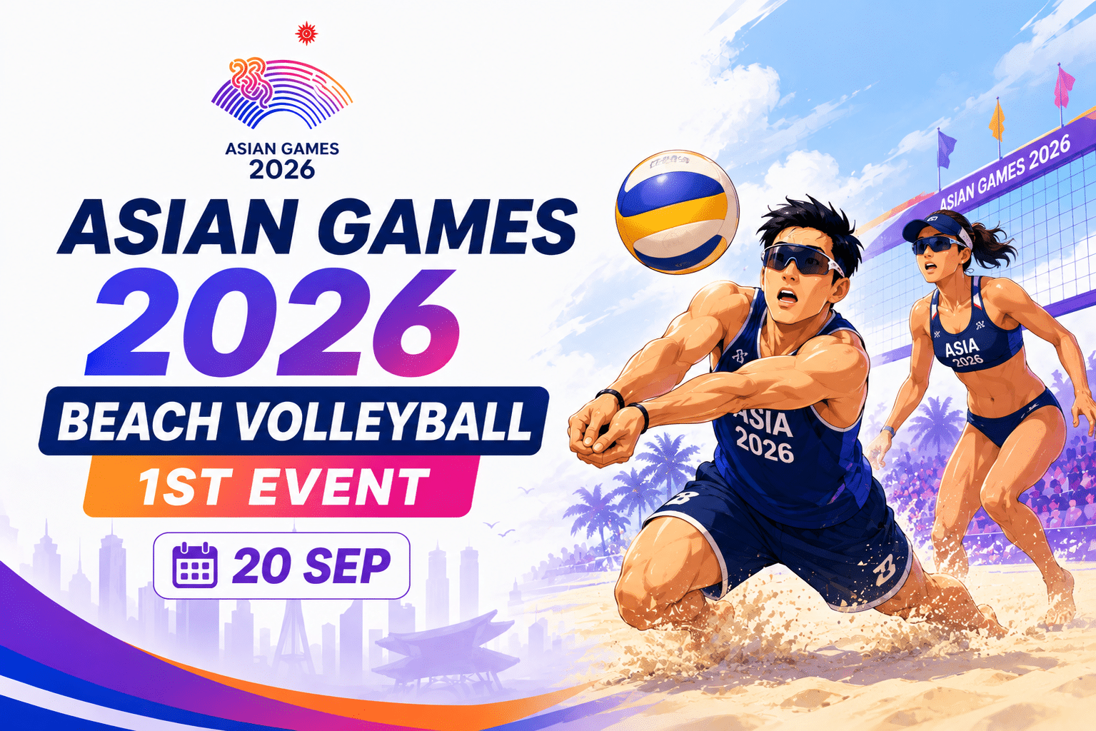 Asian Games 2026 Beach Volleyball 1st Event poster featuring beach volleyball players in action on 20 Sep.
