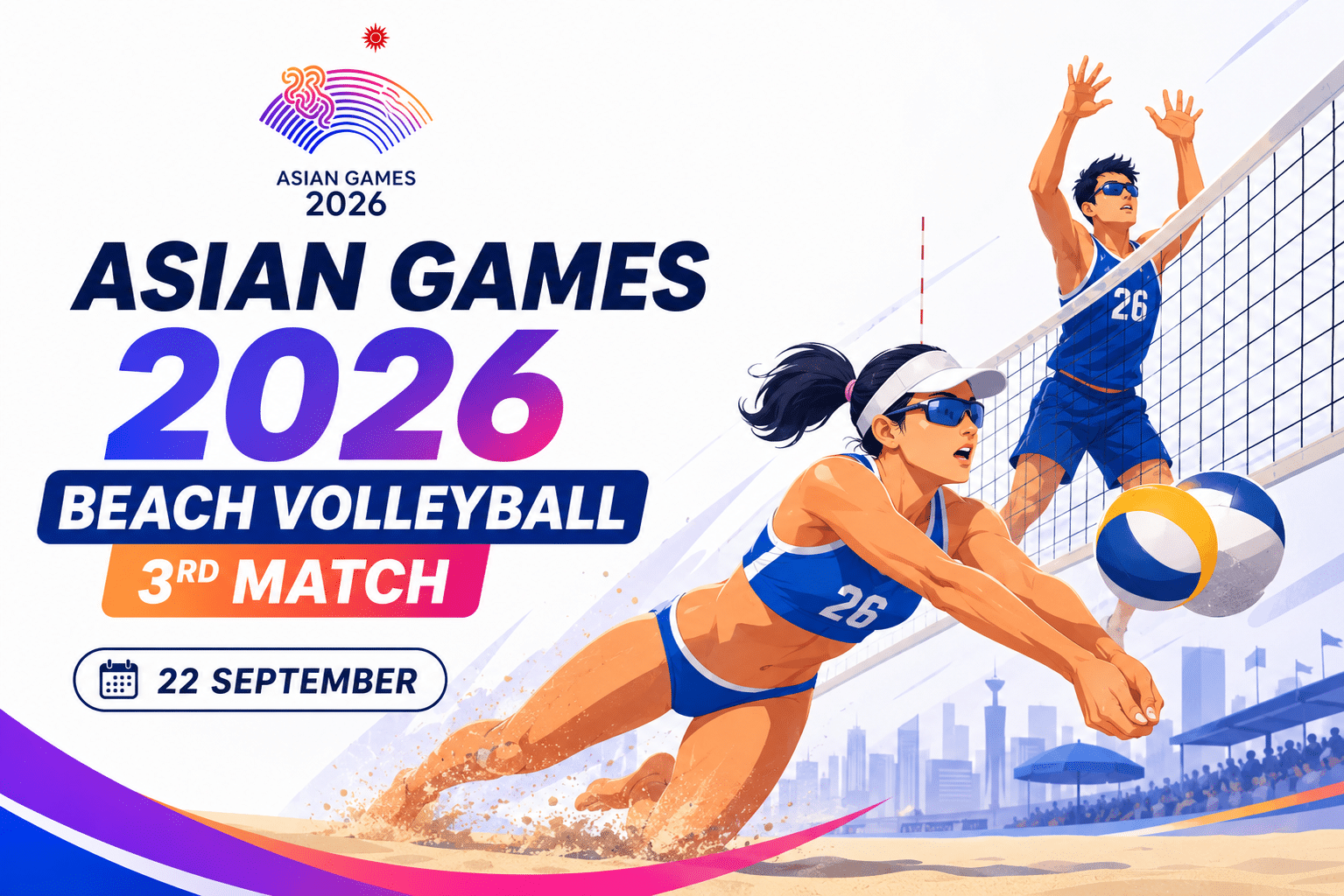 Asian Games 2026 Beach Volleyball 3rd Match poster featuring two beach volleyball players in action on a sandy court with event date 22 September 2026.