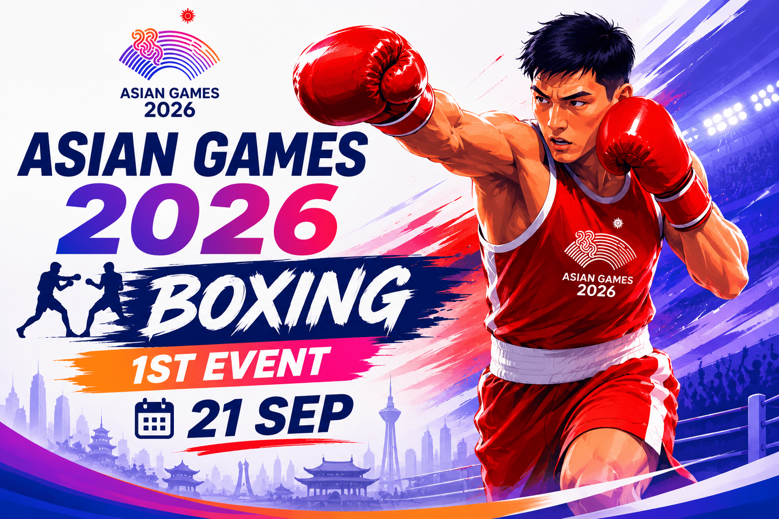 Asian Games 2026 Boxing 1st Event poster featuring a boxer throwing a powerful punch in a packed arena with the event date 21 Sep.