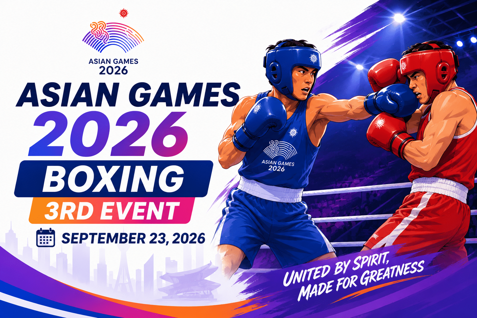 Asian Games 2026 Boxing 3rd Event poster featuring two boxers competing in the ring, with bold event branding and the date September 23, 2026.