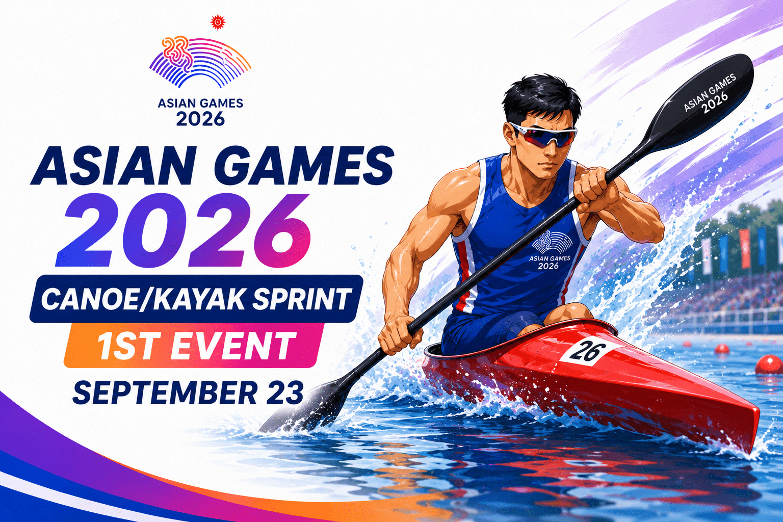 Asian Games 2026 Canoe/Kayak Sprint 1st Event poster featuring a kayaker racing through the water, with bold event branding and the date September 23.