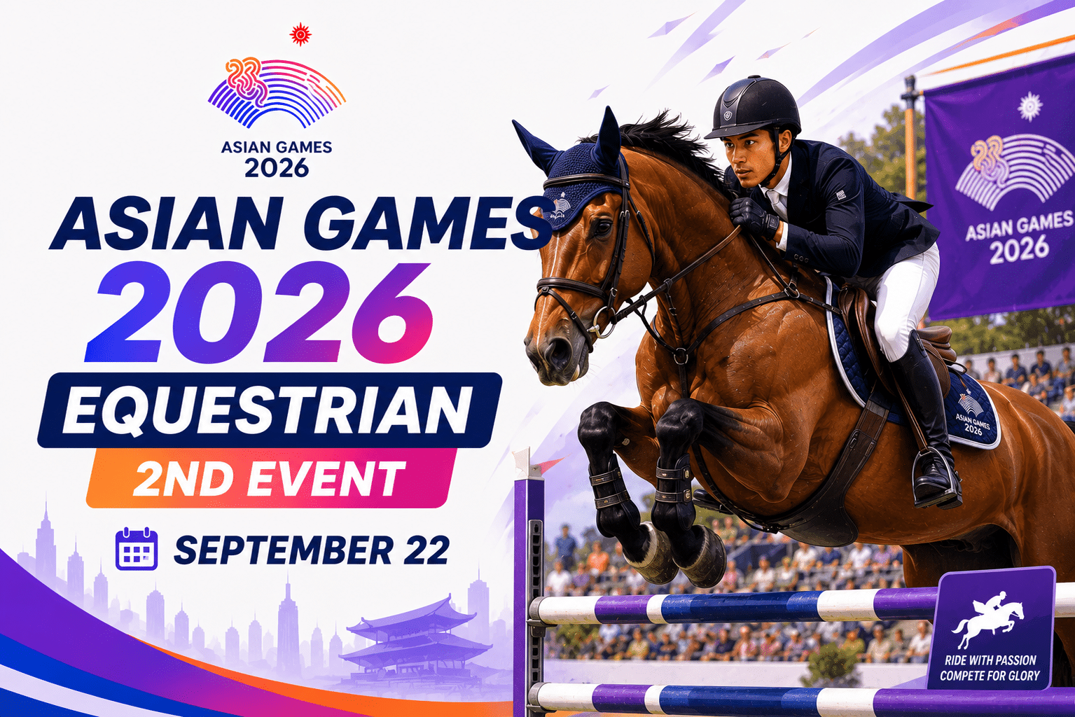 Asian Games 2026 Equestrian 2nd Event poster featuring a horse and rider jumping over an obstacle with the event date of September 22.
