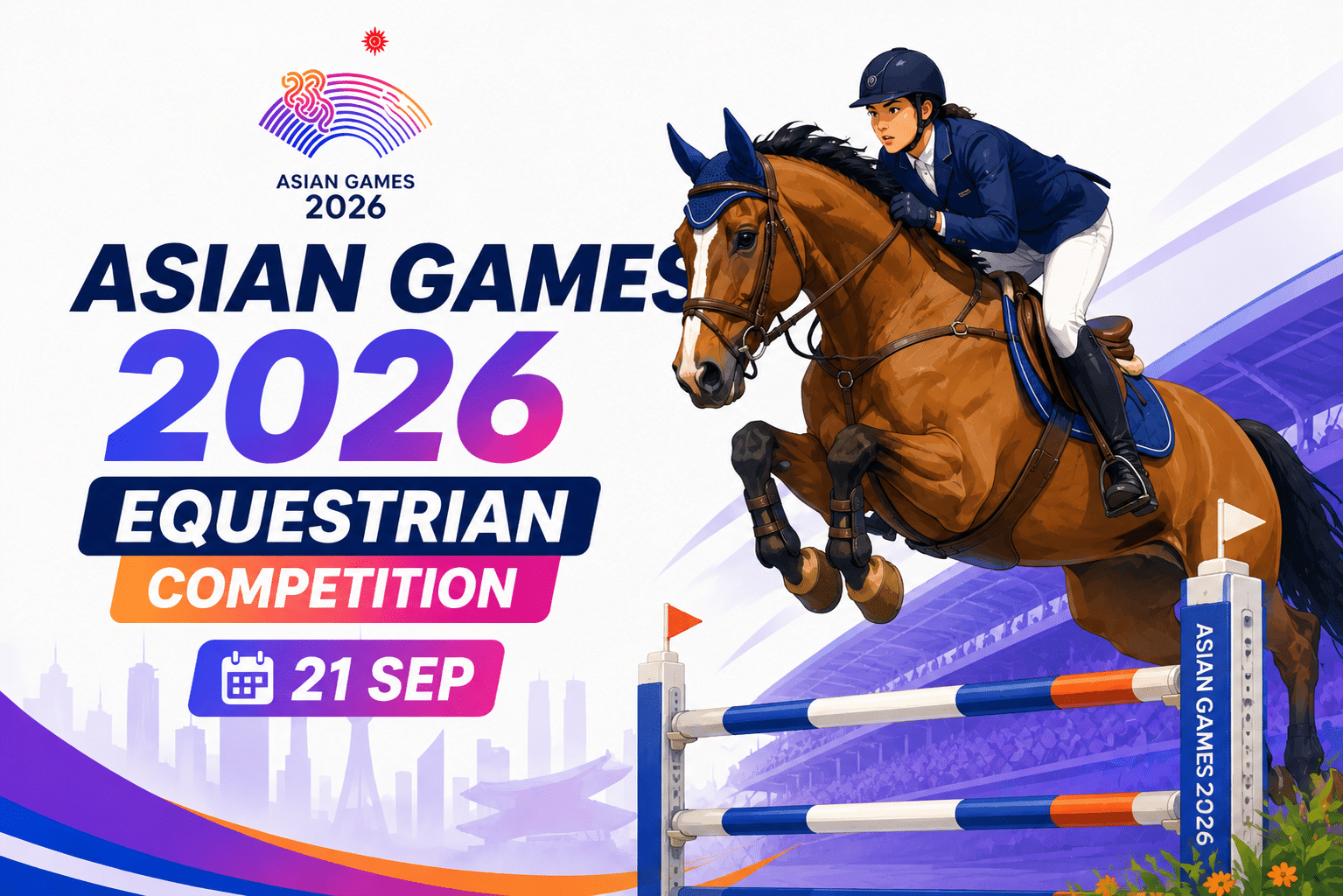 Asian Games 2026 Equestrian Competition poster featuring a rider and horse jumping over an obstacle with the event date 21 Sep.