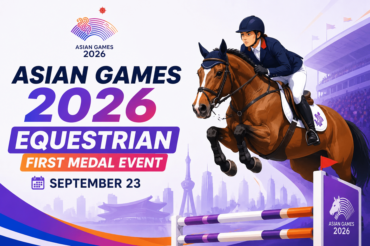 Asian Games 2026 Equestrian First Medal Event poster featuring a rider jumping a horse over an obstacle on September 23.