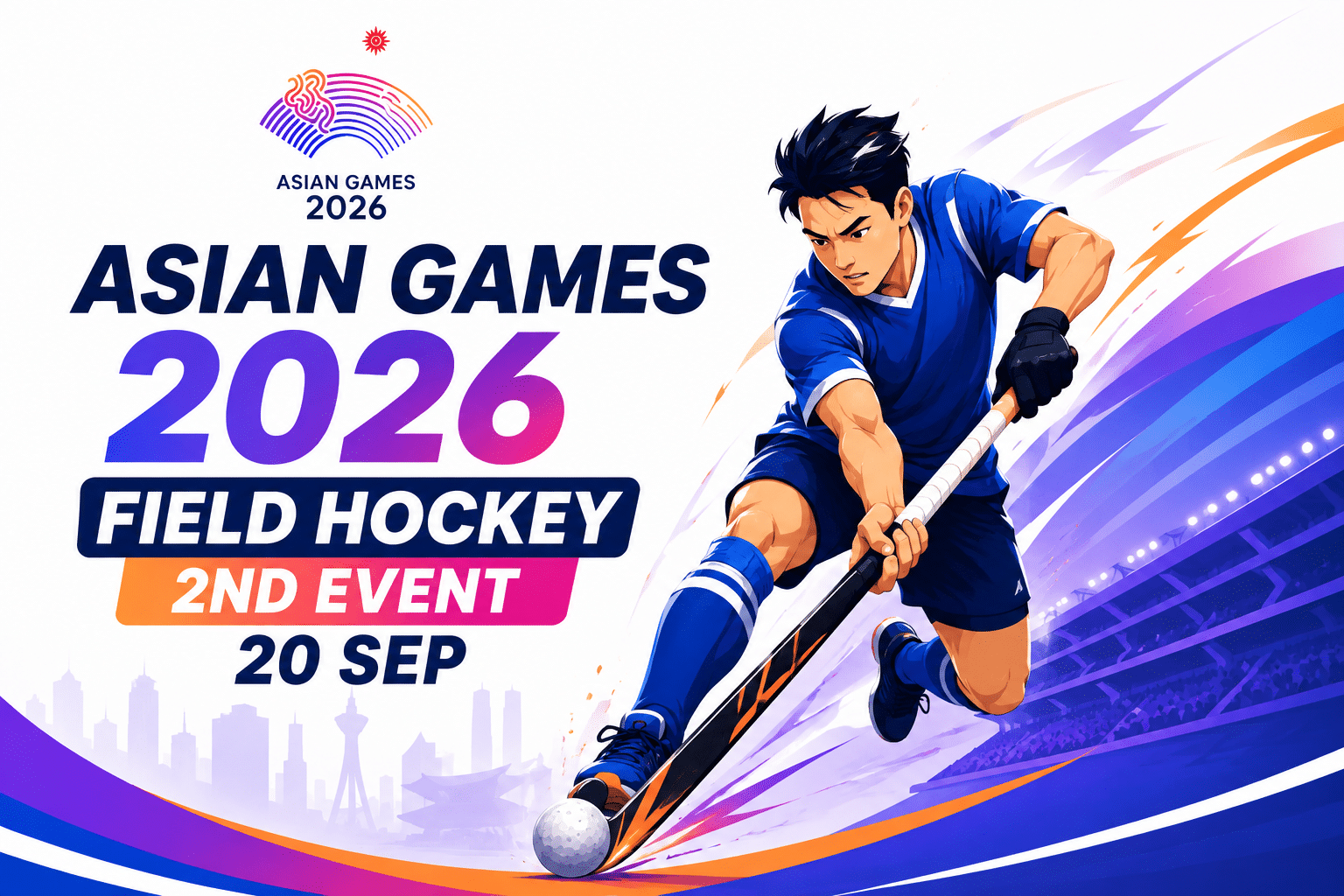 Asian Games 2026 Field Hockey 2nd Event poster featuring a field hockey player in action with a hockey stick, stadium background, and event date 20 Sep.