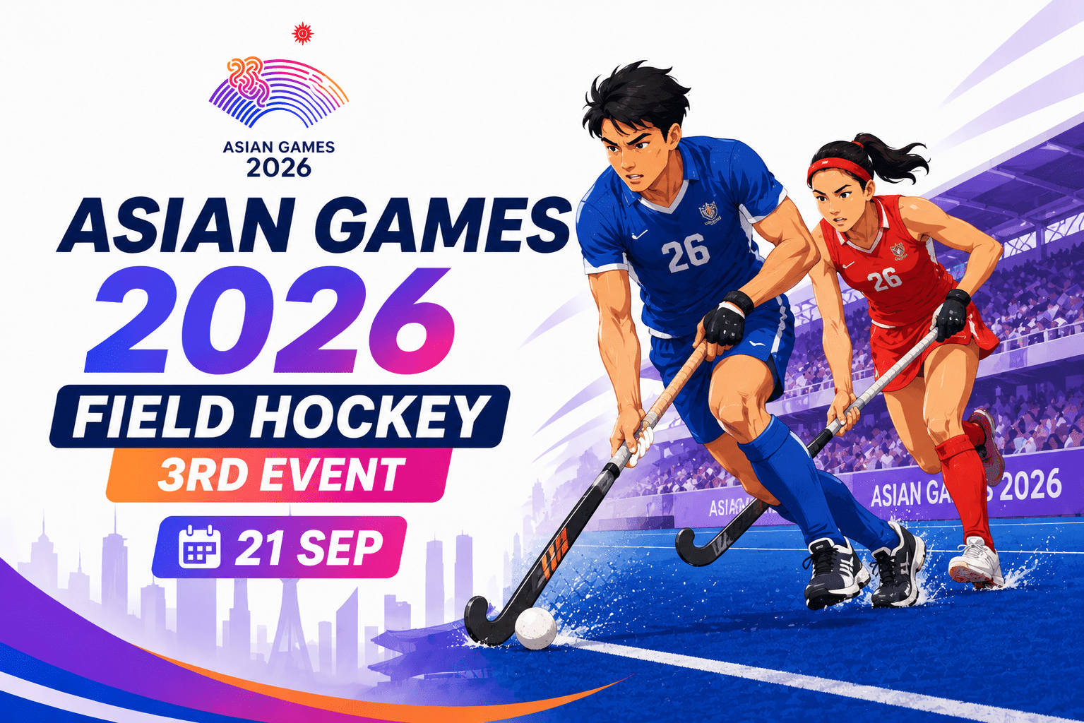 Asian Games 2026 Field Hockey 3rd Event poster featuring two field hockey players competing on a blue hockey field with the date 21 Sep.