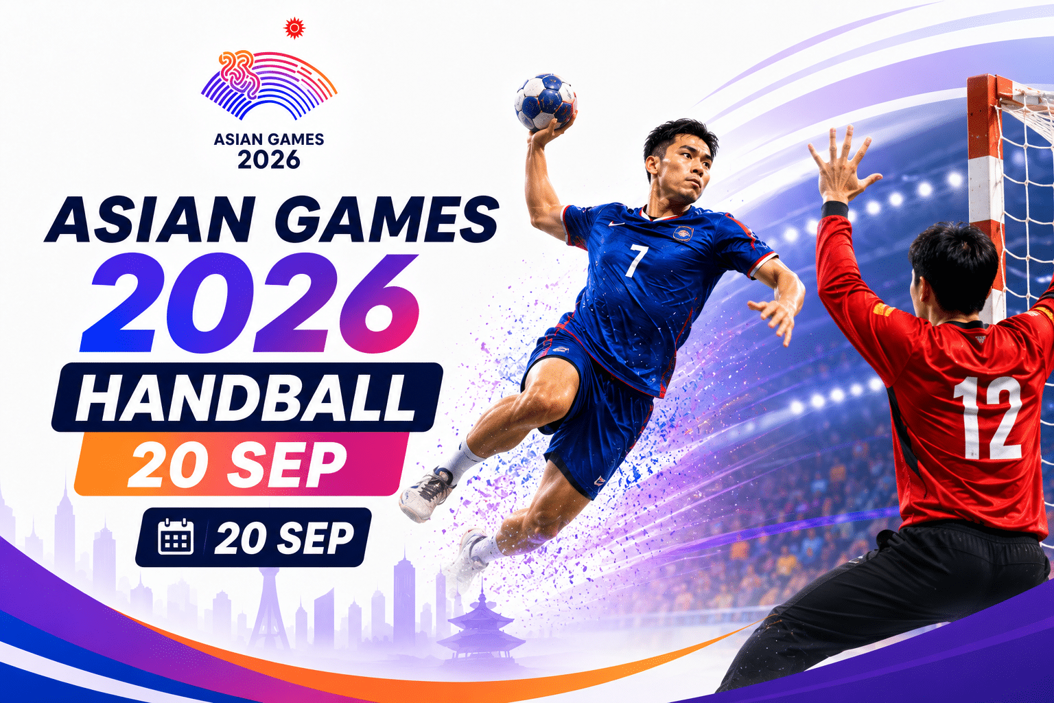Asian Games 2026 Handball event poster featuring a player jumping to shoot the ball past a goalkeeper, with the event date of 20 September.