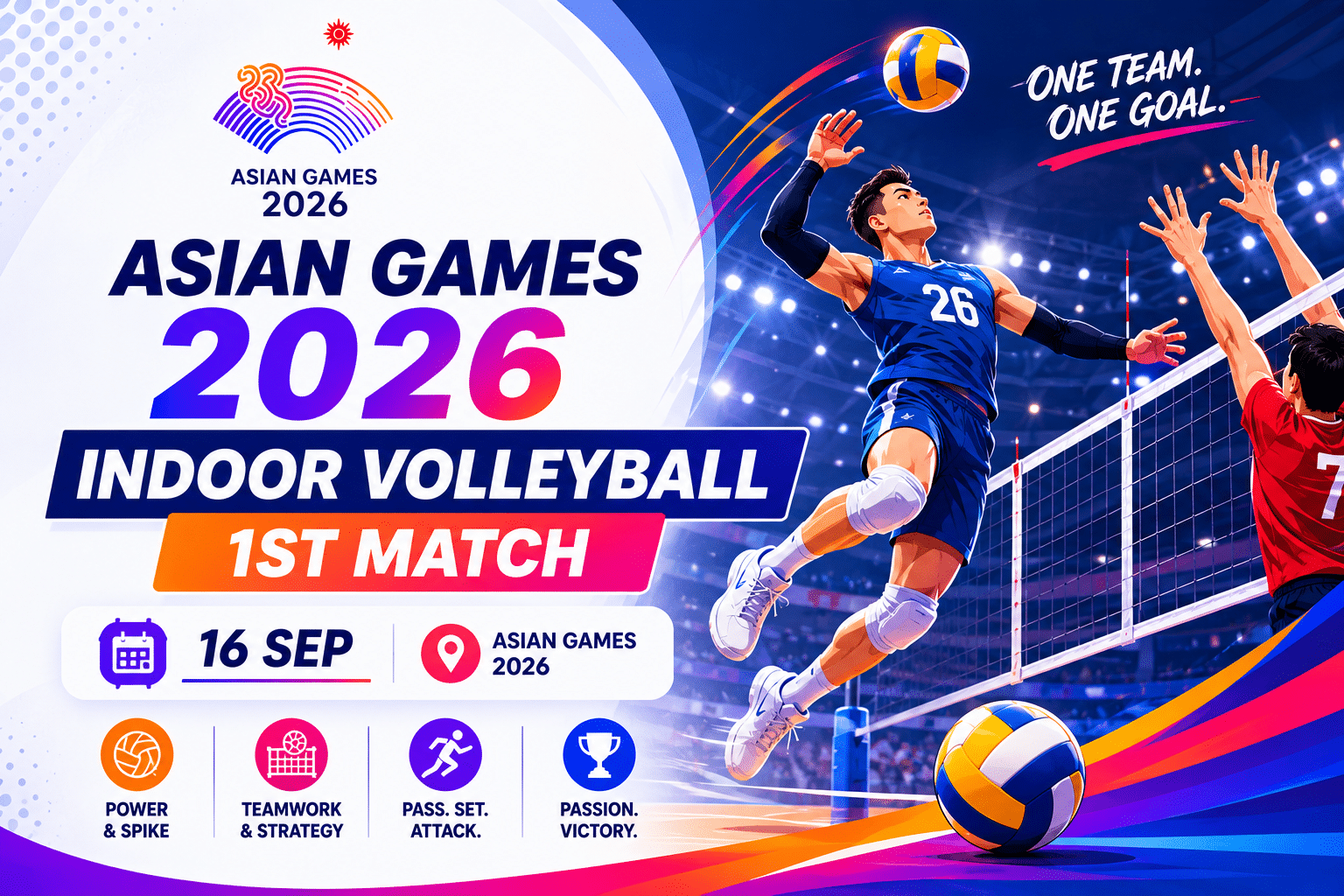 Asian Games 2026 Indoor Volleyball 1st Match poster featuring a volleyball player and event date, 16 Sep.