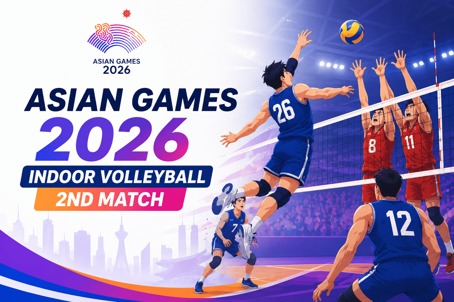 Asian Games 2026 Indoor Volleyball 2nd Match promotional poster featuring volleyball players in action inside a packed indoor stadium.