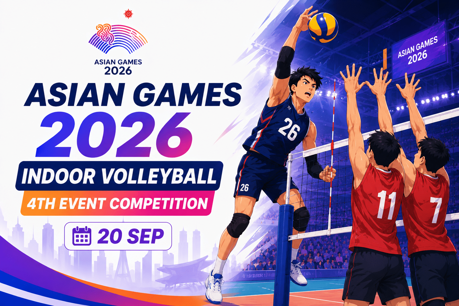 Asian Games 2026 Indoor Volleyball 4th Event Competition poster featuring players spiking and blocking the ball on 20 Sep.