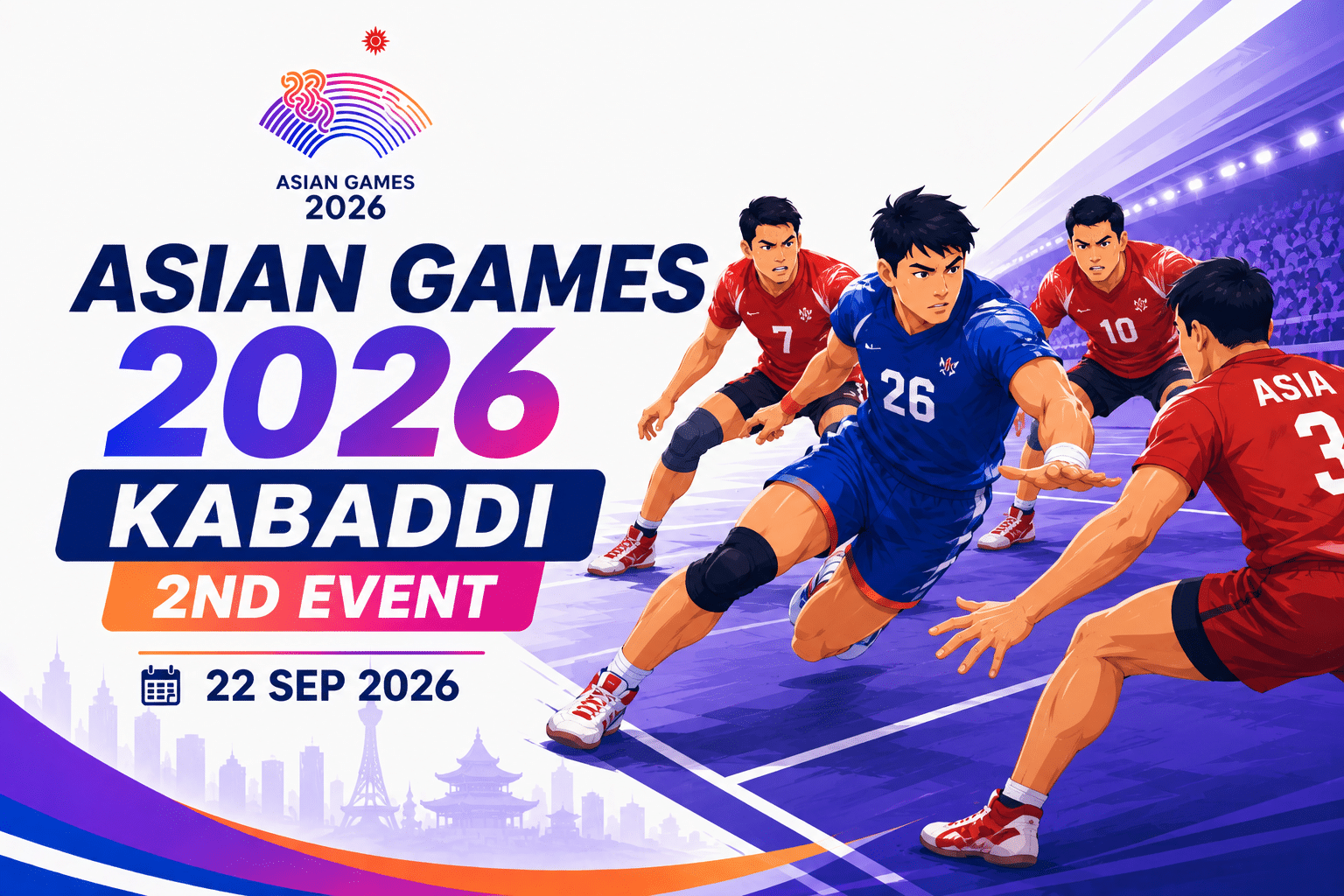 Asian Games 2026 Kabaddi 2nd Event poster featuring kabaddi players in action with the event date, 22 Sep 2026.