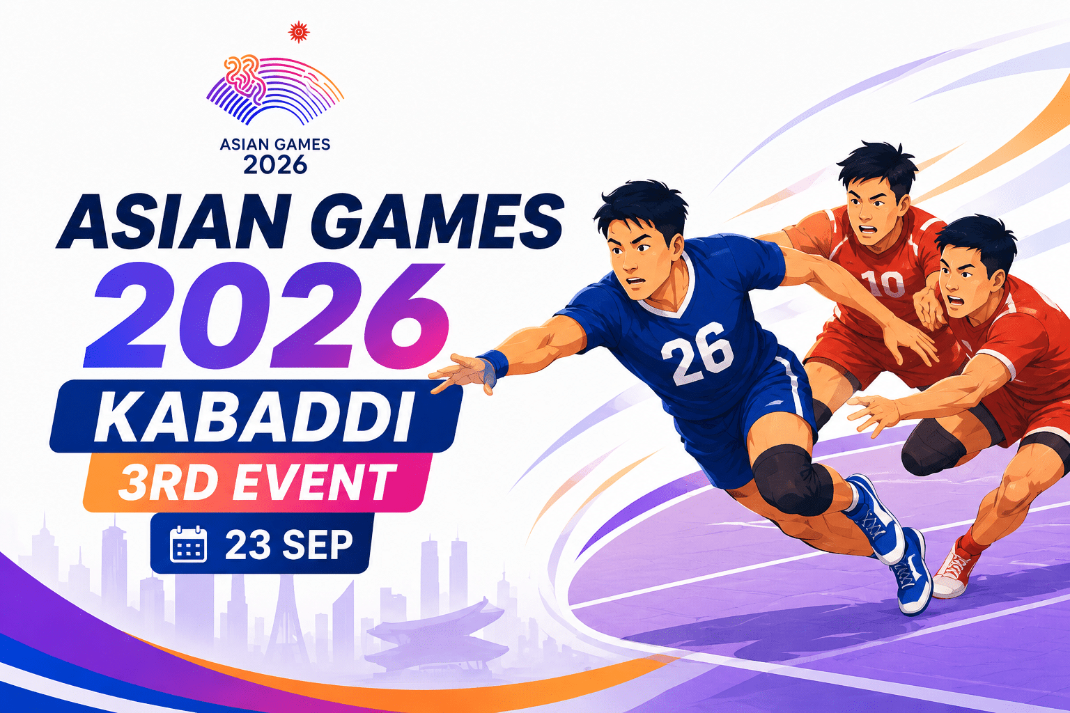 Asian Games 2026 Kabaddi 3rd Event poster featuring a dynamic kabaddi raider evading defenders with bold event branding and the date 23 September.
