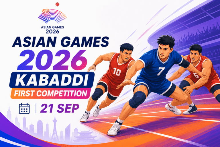 Asian Games 2026 Kabaddi First Competition poster featuring kabaddi players in action, a stadium background, and the event date 21 September.