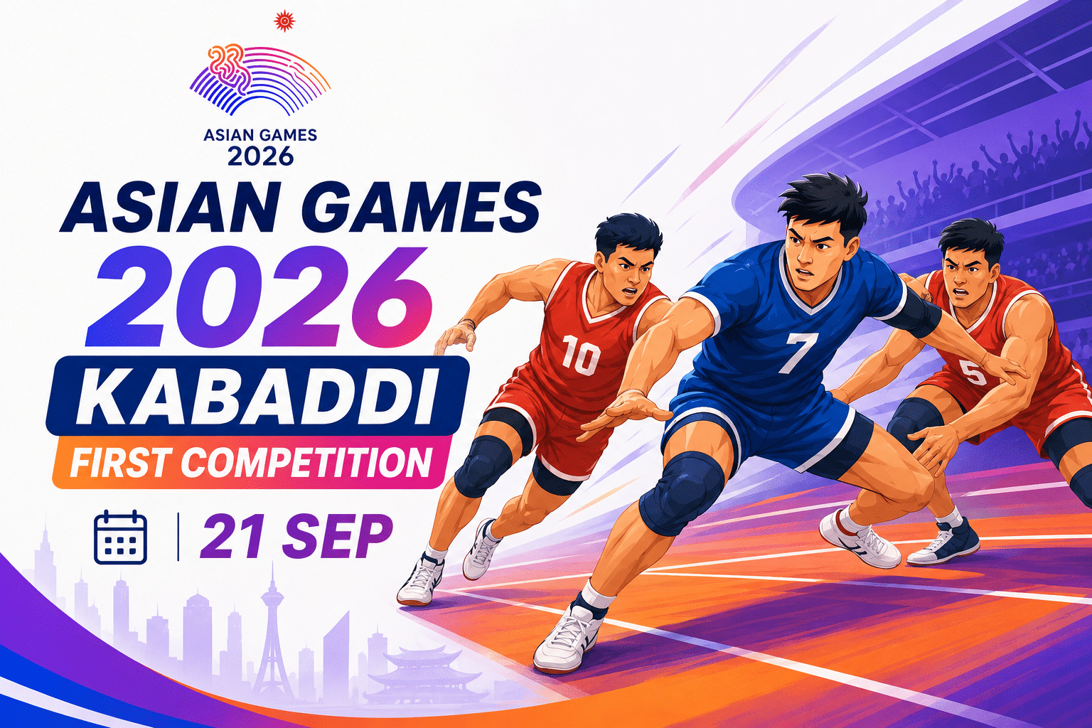 Asian Games 2026 Kabaddi First Competition poster featuring kabaddi players in action, a stadium background, and the event date 21 September.
