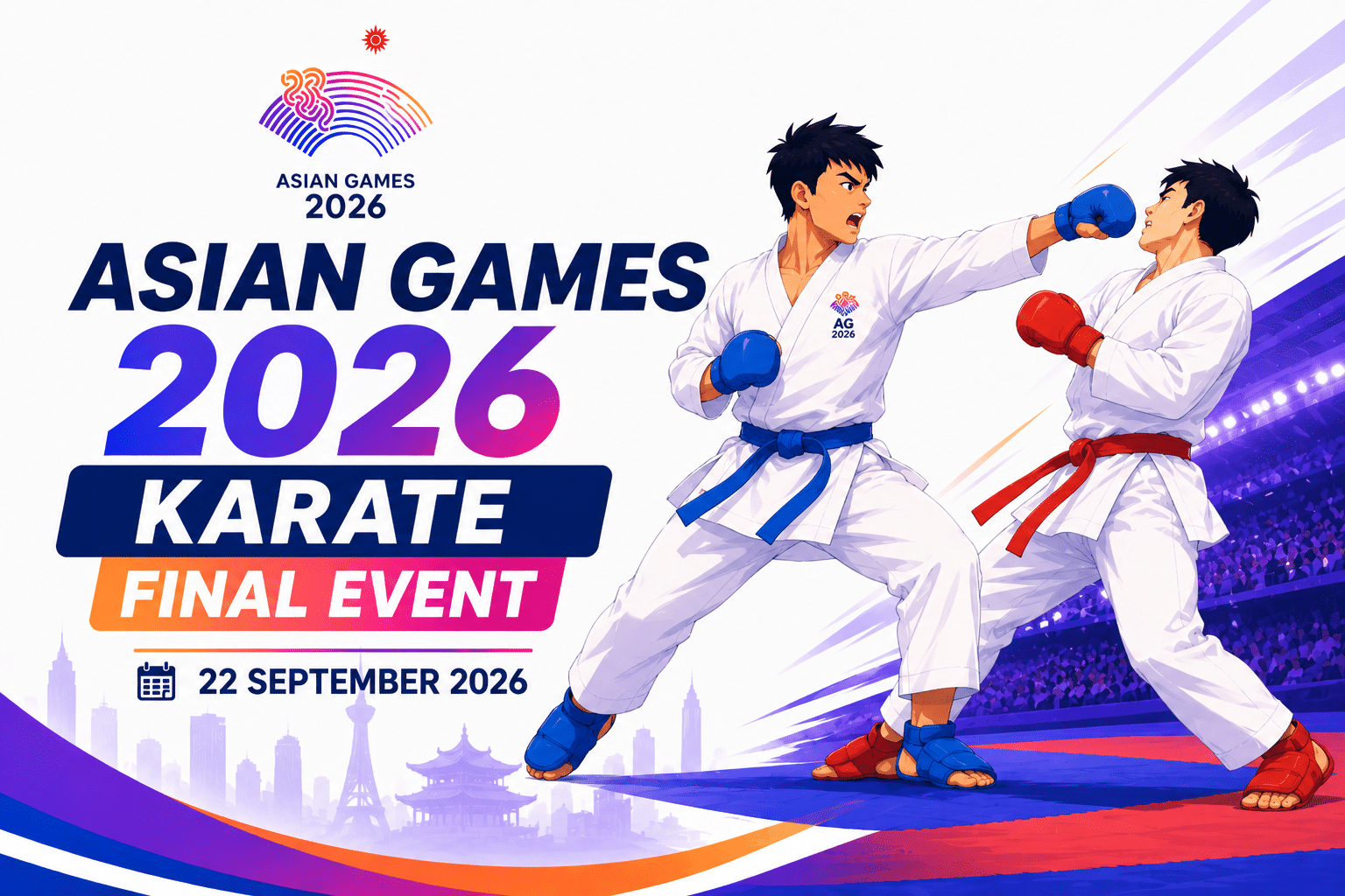 Asian Games 2026 Karate Final Event poster featuring two karate athletes competing with the event date, 22 September 2026.