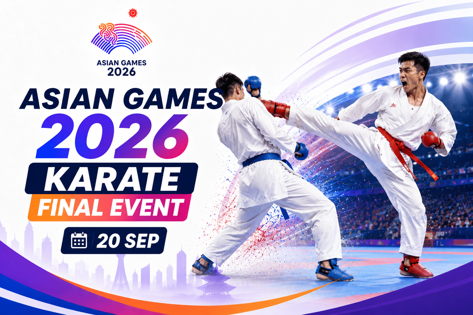 Asian Games 2026 Karate Final Event poster featuring two karate athletes in an intense sparring match, with a high kick action and the event date of 20 September.