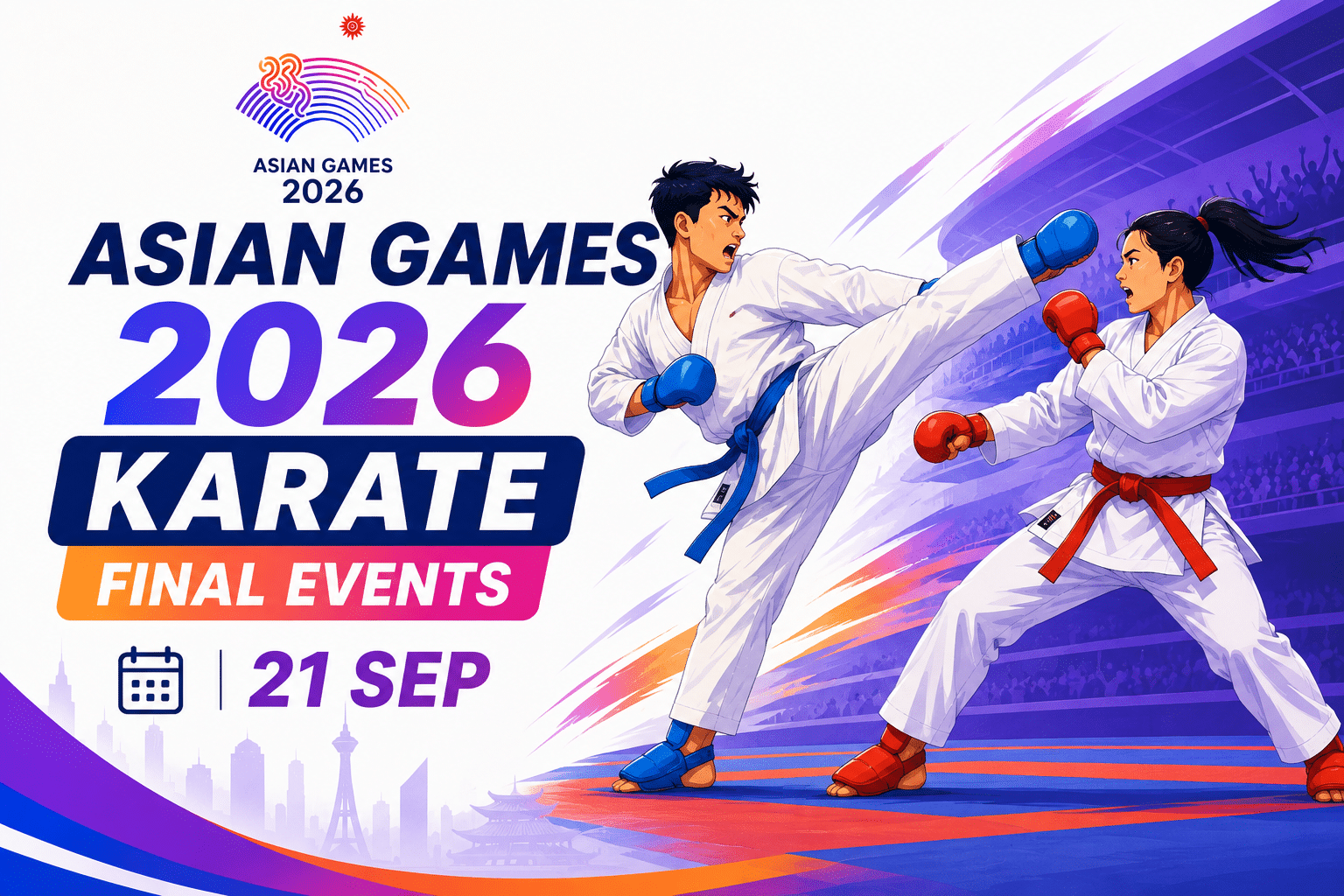 Asian Games 2026 Karate Final Events poster showing two karate athletes competing on 21 September.