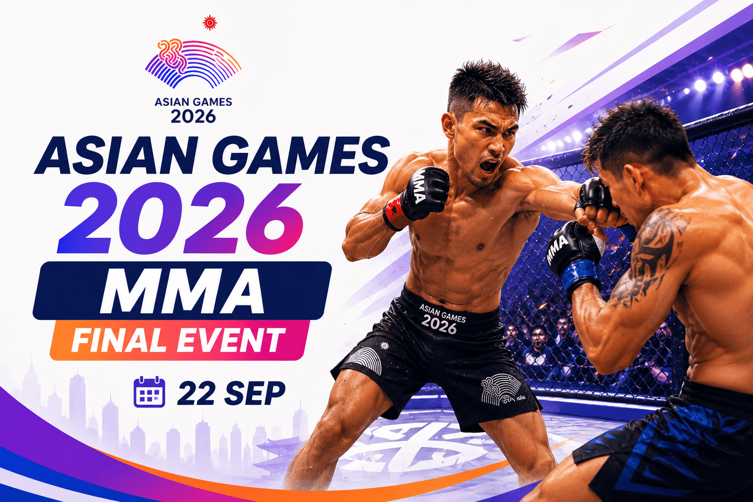 Asian Games 2026 MMA Final Event poster featuring two MMA fighters competing inside an arena with the event date of 22 September.