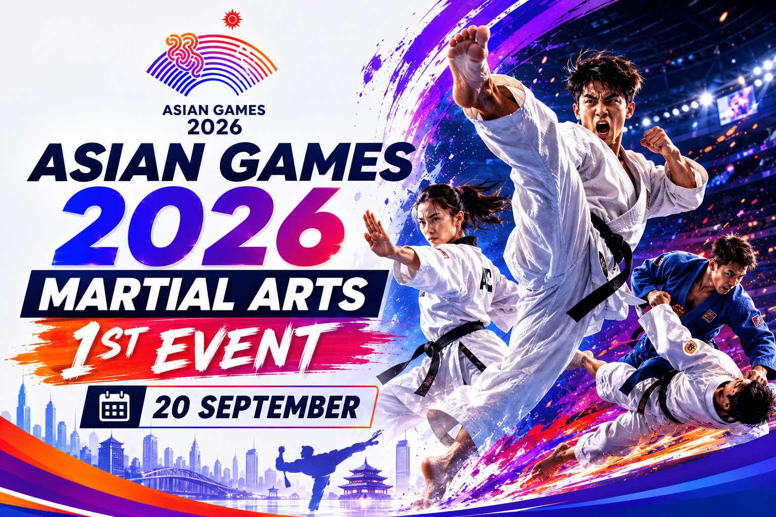 Asian Games 2026 Martial Arts 1st Event poster with martial artists in action on 20 September.