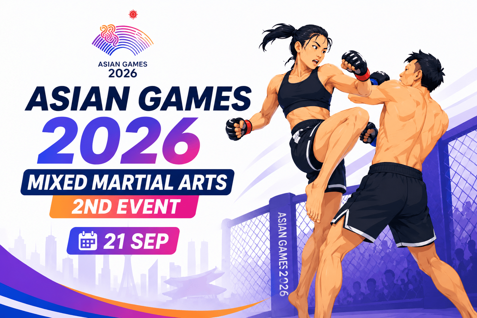 Asian Games 2026 Mixed Martial Arts 2nd Event poster featuring two MMA fighters in action inside a cage arena with the event date 21 Sep.
