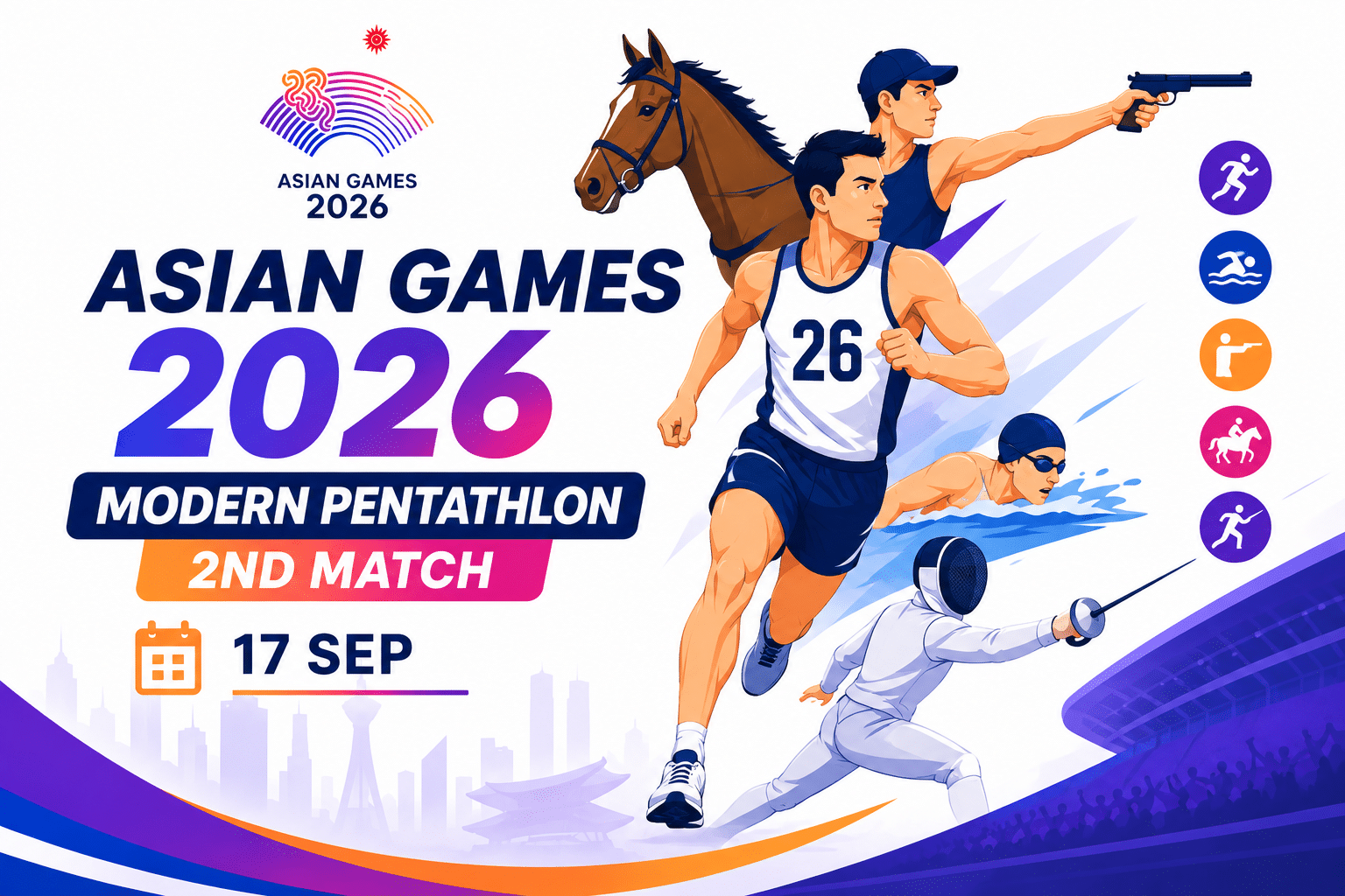 Asian Games 2026 Modern Pentathlon 2nd Match infographic poster with athletes and event date.