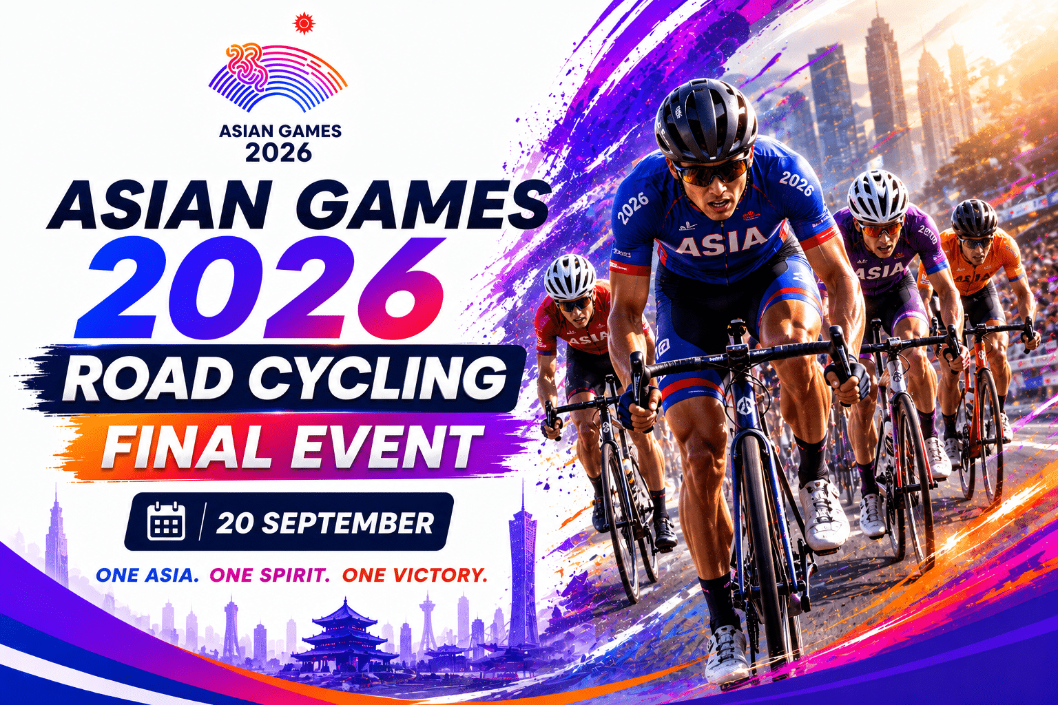 Asian Games 2026 Road Cycling Final Event poster featuring cyclists racing on 20 September.
