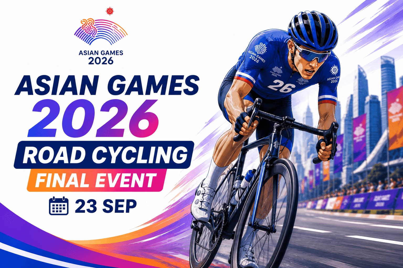 Asian Games 2026 Road Cycling Final Event poster featuring a cyclist racing on a city course, with bold event branding and the date 23 September.