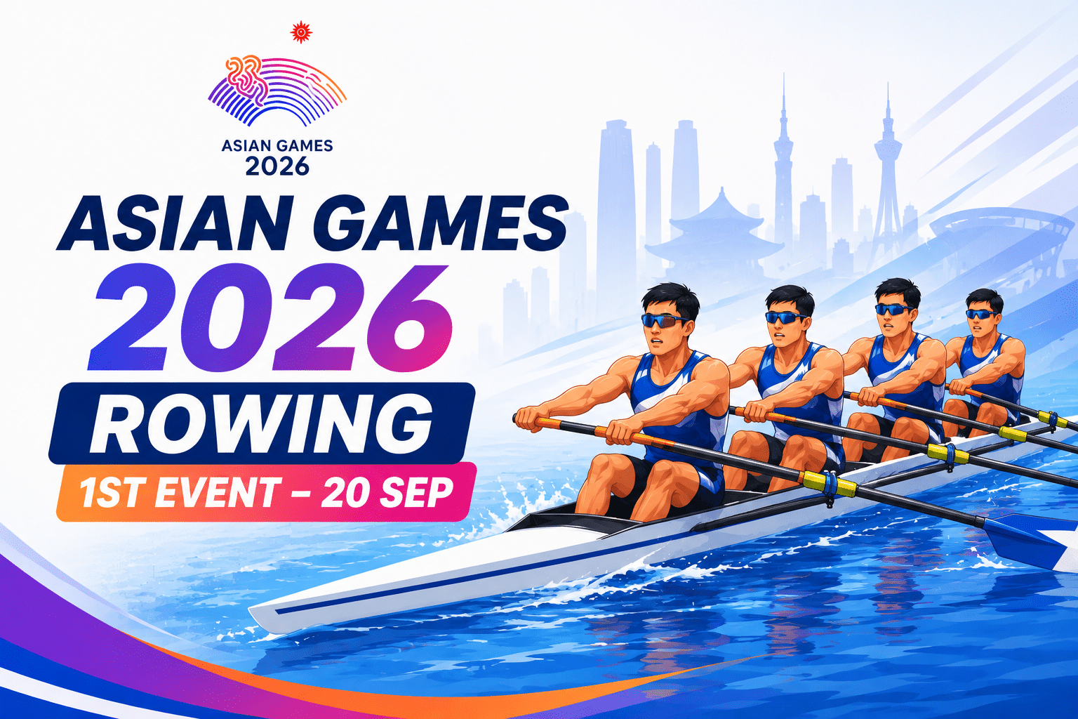 Asian Games 2026 Rowing 1st Event poster featuring a four-person rowing team racing across the water.