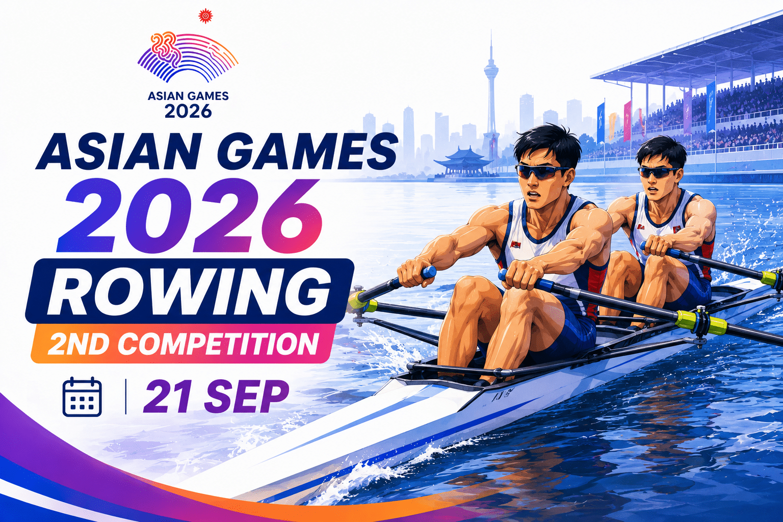Asian Games 2026 Rowing 2nd Competition poster featuring rowers racing on water with the event date 21 September.