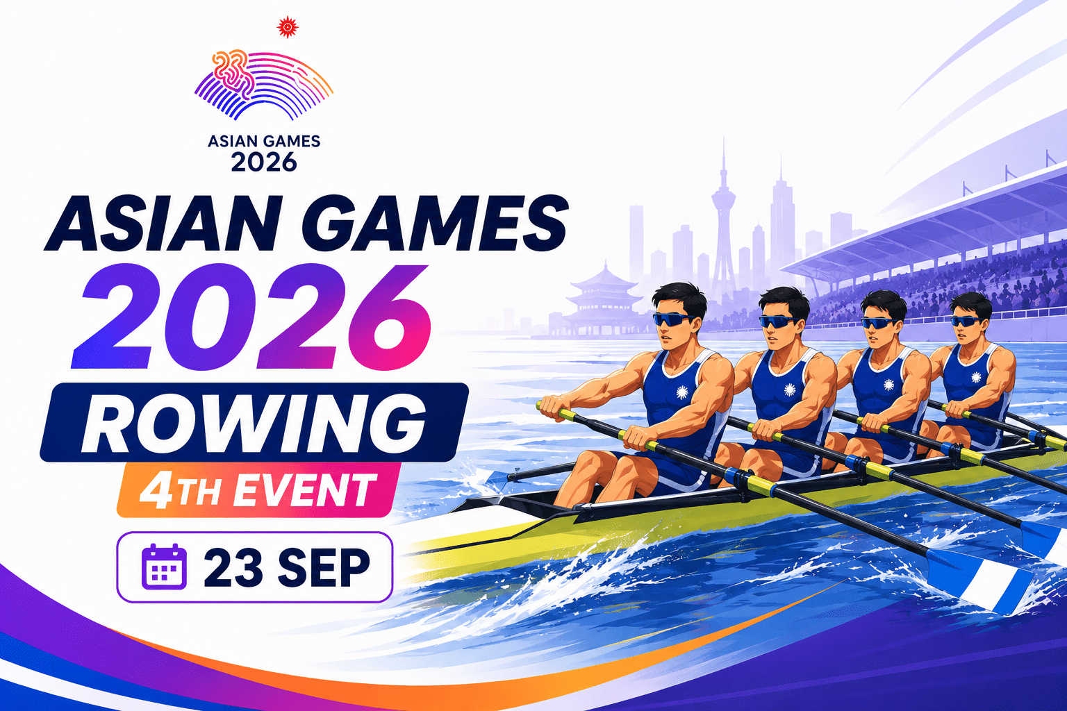 Asian Games 2026 Rowing 4th Event promotional poster featuring a rowing team competing on 23 September.