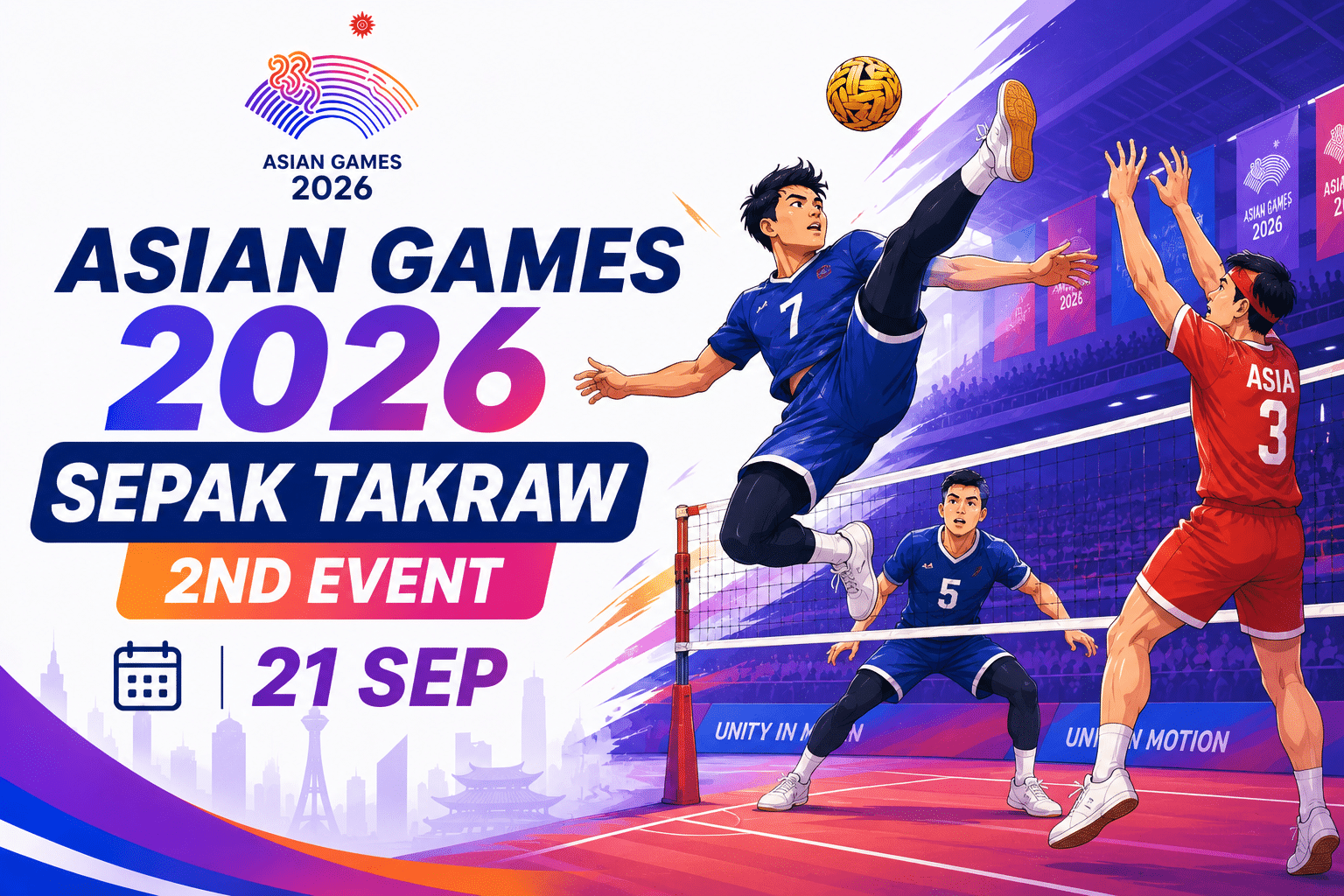 Asian Games 2026 Sepak Takraw 2nd Event poster featuring players performing an aerial kick during a match on 21 September.