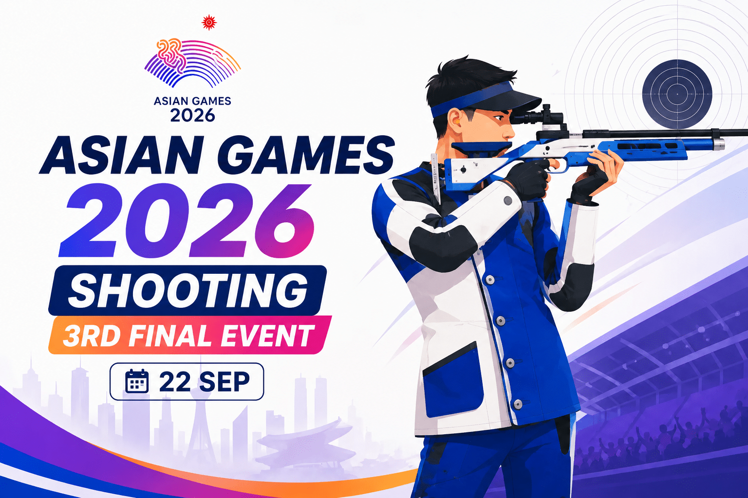 Asian Games 2026 Shooting 3rd Final Event poster featuring a shooter aiming at a target on 22 September.