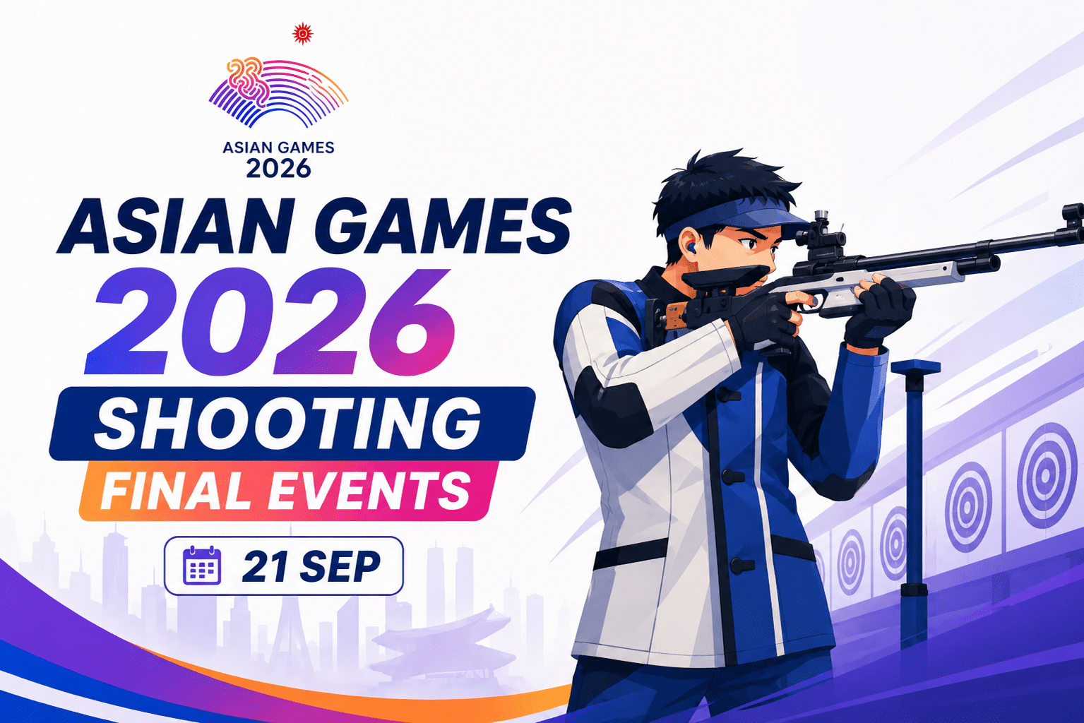 Asian Games 2026 Shooting Final Events poster featuring a rifle shooter aiming at targets, with bold event branding and the date 21 September.